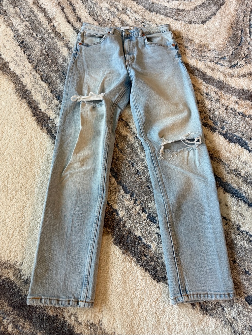 Zara Pale Blue Straight-Leg Distressed Jeans